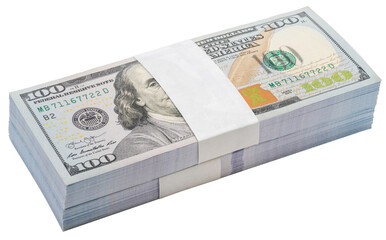 Bundle of 100 dollars banknotes isolated on white, Bundle of 100 American dollars banknotes isolated on white background With clipping path PNG File.
