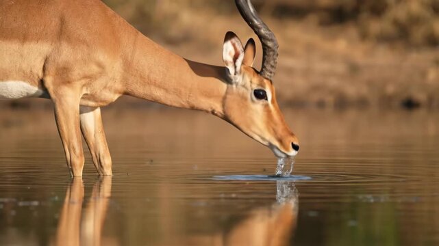 Male impala drinks from calm waterhole in Kruger, then lifts head alertly. Reflections and warm daylight enhance serene wildlife moment.

