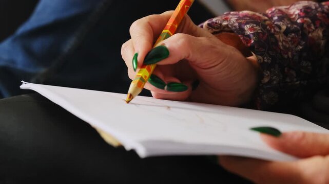 Woman draws mannequin holding colored pencil in hand. Artist uses sketching technique and touches sheet of paper with special tool creating figure