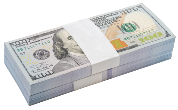 Bundle of 100 dollars banknotes isolated on white, Bundle of 100 American dollars banknotes isolated on white background With clipping path PNG File.