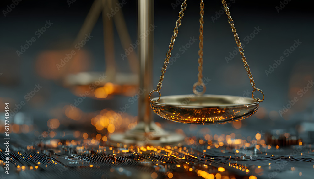 Poster digital balancing scale justice, fairness in modern technology environment. holographic scales balan
