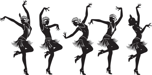 Flapper dancers in silhouette art deco dancing, flapper dancers, silhouette, art deco, dancing, vintage, black and white, fringe, headbands, high heels, performance, jazz age, retro, elegance, movemen
