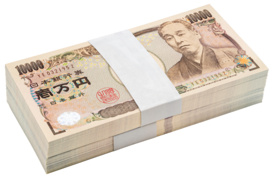 Japan 10000 yen banknotes falling in the air isolated on white, Flying 100 yuan won banknotes isolated on white background With clipping path PNG file.