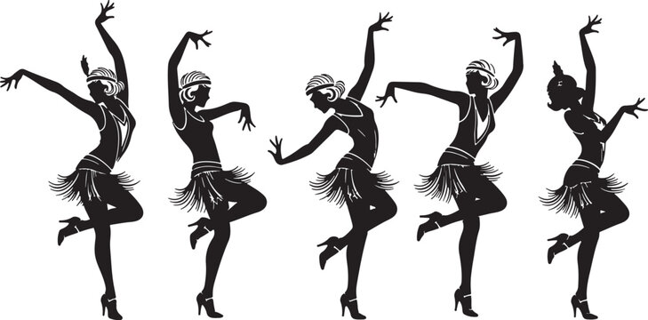 Flapper dancers in silhouette art deco dancing, flapper dancers, silhouette, art deco, dancing, vintage, black and white, fringe, headbands, high heels, performance, jazz age, retro, elegance, movemen