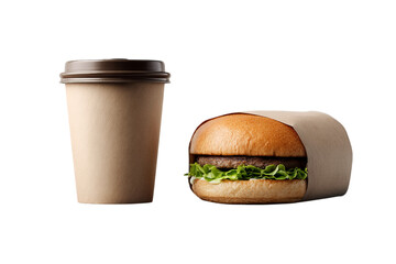 A photo of a paper cup, a cardboard glass, and a burger on a table, against a white isolated on a transparent background in PNG format.