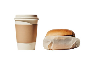 A photo of a paper cup, a cardboard glass, and a burger on a table, against a white isolated on a transparent background in PNG format.