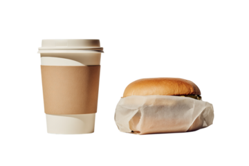 A photo of a paper cup, a cardboard glass, and a burger on a table, against a white isolated on a transparent background in PNG format.