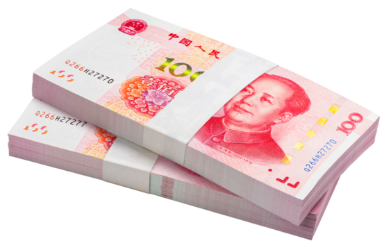 China 100 yuan banknotes isolated on white, 100 yuan won banknotes isolated on white background With clipping path  PNG File.