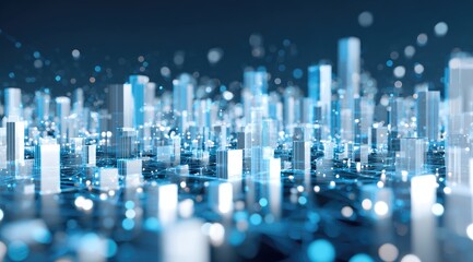 Abstract digital cityscape rendering, showcasing a futuristic metropolis with glowing blue connections between buildings and data points.  Depth of field emphasizes the central structures
