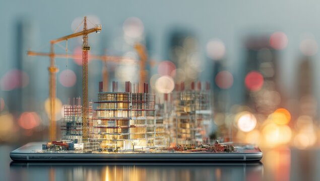 Miniature city under construction on a phone, showcasing urban development - Powered by Adobe