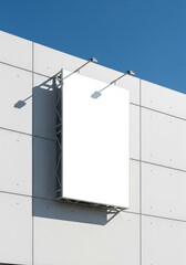 Blank White Billboard Attached to Modern Building Under Clear Blue Sky - Urban Advertising Space & Outdoor Marketing Mockup
