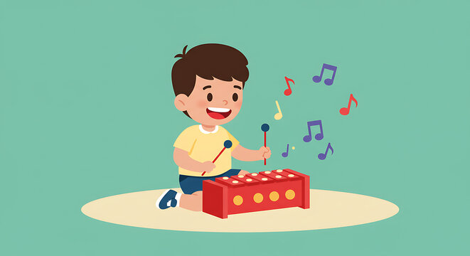 Happy cartoon boy playing a red xylophone, learning music through play. Concept of early childhood education and creative development.
