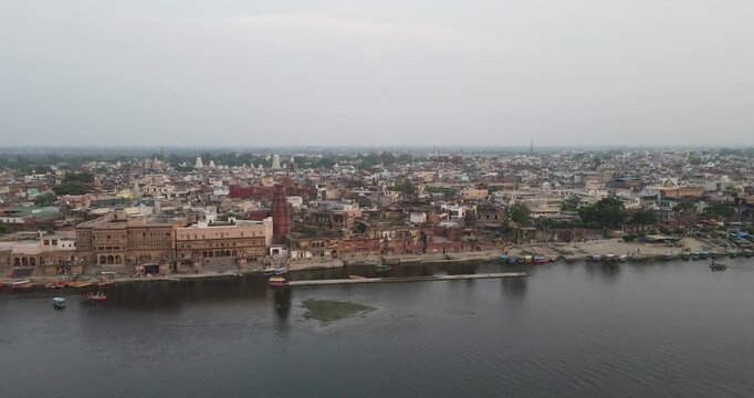 Drone Footage of Shri Krishna Temple and Vrindavan City on Yamuna River and Ghats