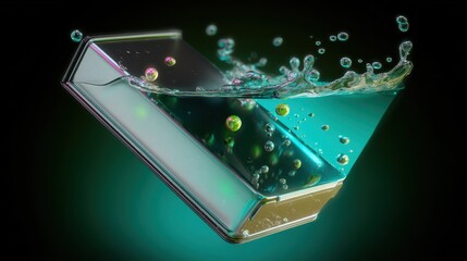 Abstract translucent geometric object submerged in splashing water with air bubbles against dark green background