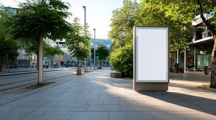 Blank city billboard mockup on urban street with trees