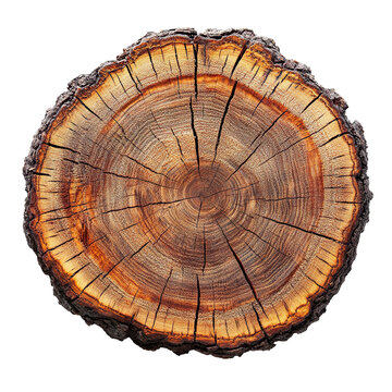 Wooden log cross section with visible tree rings isolated on transparent background