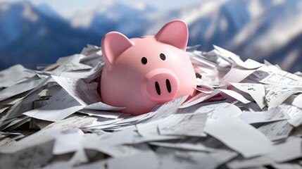 A piggy bank with drowning under a pile of debt, bills, credit statements, and tax documents, symbolizing financial stress, economic burden, and the overwhelming challenge of managing personal finance