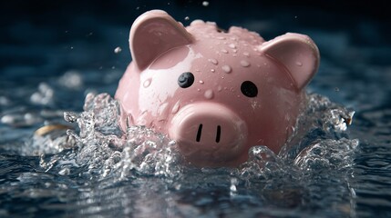 A piggy bank with drowning under a pile of debt, bills, credit statements, and tax documents, symbolizing financial stress, economic burden, and the overwhelming challenge of managing personal finance
