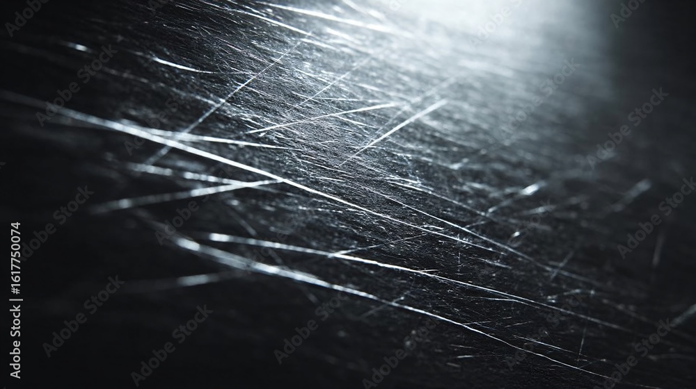 Poster illuminated scratches delicately trace across a profound black setting, creating a dance of light an