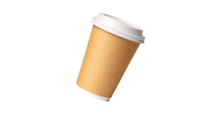 A disposable paper coffee cup with a white lid isolated on transparent background, perfect for takeaway drinks