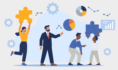 Illustration of a diverse team collaborating on business solutions, represented through puzzle pieces, charts, and graphs.
