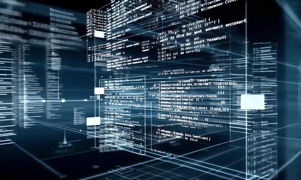 A digital background featuring an array of code and data visualizations, representing the advanced technology behind software development. 
