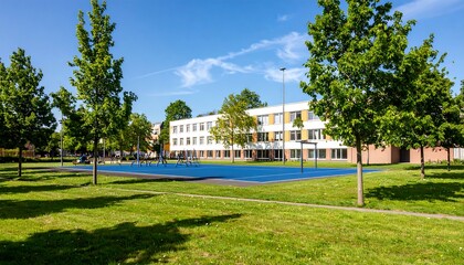 Schoolyard with a blue court and buildings