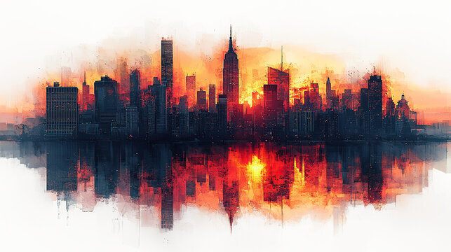 Illustration of a city skyline at sunset, featuring iconic architecture and towering skyscrapers reflected in a tranquil river below, isolated on transparent background. PNG