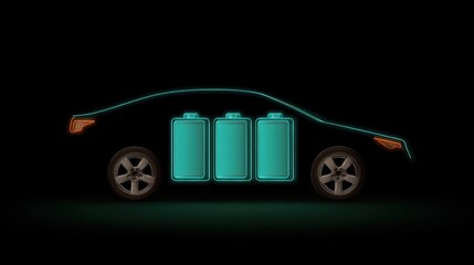 Electric car outline with three batteries inside the frame and black background showing wheels and lighting design