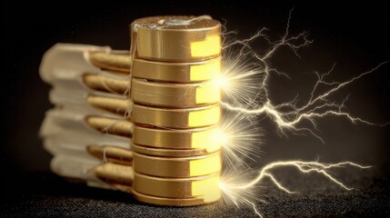 Stack of golden colored metallic rounds with electric arcs emanating from the side against a dark textured background