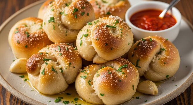 Homemade garlic knots with parsley and parmesan served with marinara sauce on a rustic plate