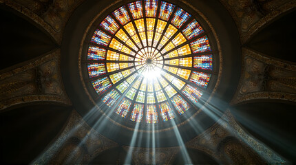 Sunlight streaming through a stained glass rose window in a dome