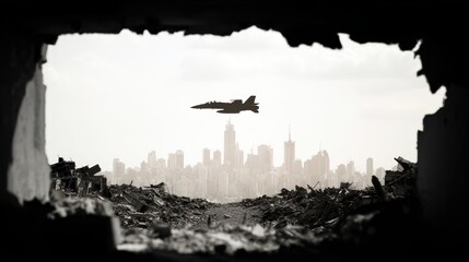 Monochrome view from a collapsed building onto a distant cityscape with an airplane in flight under a bright sky