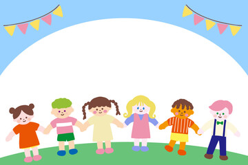 世界の子供達が手を繋ぐかわいいフレーム素材