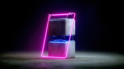 Two textured cubes stacked with blue and pink neon lights set against a dark background on a concrete surface