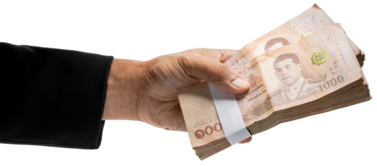 Business man Hand holding Bundle of Thai 1000 bath banknotes isolated on white background, Hand holding Bundle of Thai 1000 bath banknotes on White Background With clipping path PNG file.