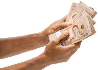 Business man Hand holding Bundle of Thai 1000 bath banknotes isolated on white background, Hand holding Bundle of Thai 1000 bath banknotes on White Background With clipping path PNG file.