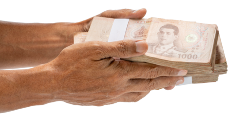 Business man Hand holding Bundle of Thai 1000 bath banknotes isolated on white background, Hand holding Bundle of Thai 1000 bath banknotes on White Background With clipping path PNG file.