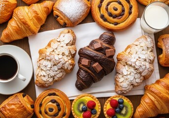 Delicious pastry assortment with fresh croissants tarts and danishes for a breakfast buffet