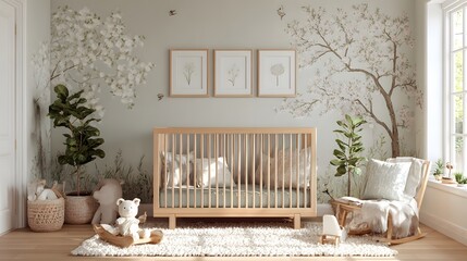 gentle, serene baby room bathed in soft natural light, featuring a modern wooden crib with cozy white and pastel bedding