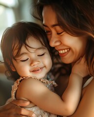 realistic high resolution photo of a loving mother hugging her mixed-race toddler child (Asian-European), child gently kissing mother on the cheek