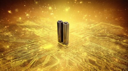 Two AA batteries stand on a shiny golden surface depicting a circuit board pattern with bokeh effects in the background