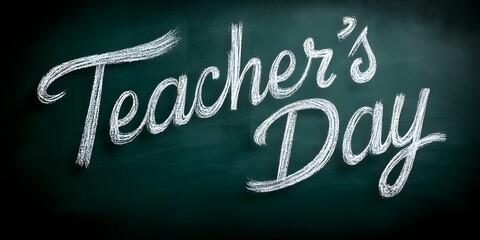 Teacher's Day written in white chalk on a dark green background, typographic design, high-resolution photography, hyperrealistic