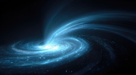 A swirling, luminous blue galaxy spirals into a bright core against a dark background, exhibiting a cosmic dance of light and particles