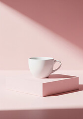 Elegant White Coffee Cup on Pink Pedestal with Sunlight & Shadow Play - Minimalist Drinkware, Cafe Aesthetic & Product Showcase