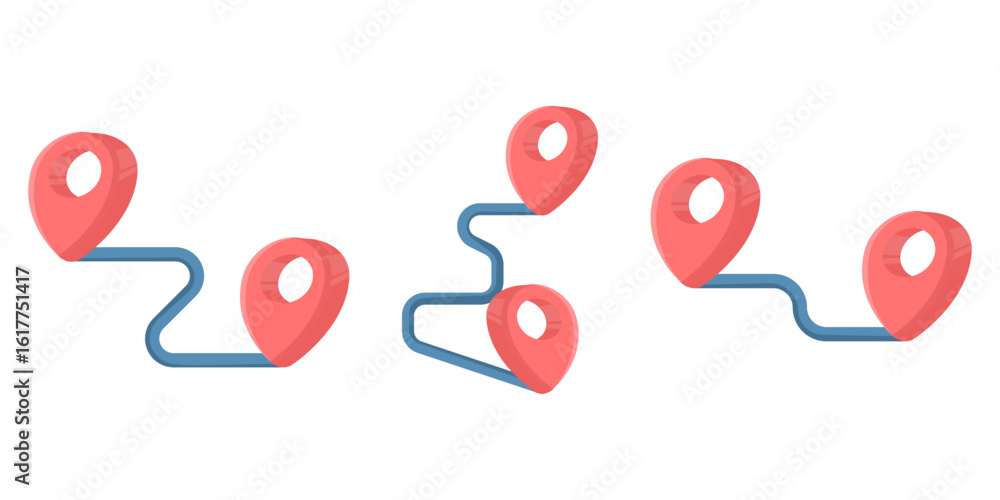 Aufkleber vector illustration of a red location marker on a map with a travel route in a flat style. set of ma