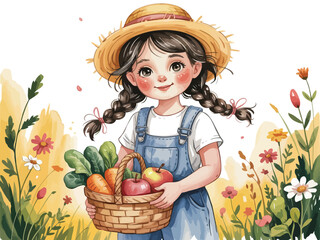 Young Girl Holding Basket of Fresh Vegetables in a Flower Garden