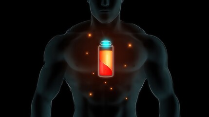 Silhouette of a muscular torso with a battery icon centered on the chest area surrounded by glowing particles on a black