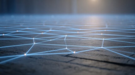 Abstract networked system with blue glowing lines connected by nodes on a textured stone surface under dim light