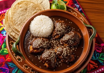 Traditional mexican mole poblano with chicken rice and tortillas for dinner on colorful cloth
